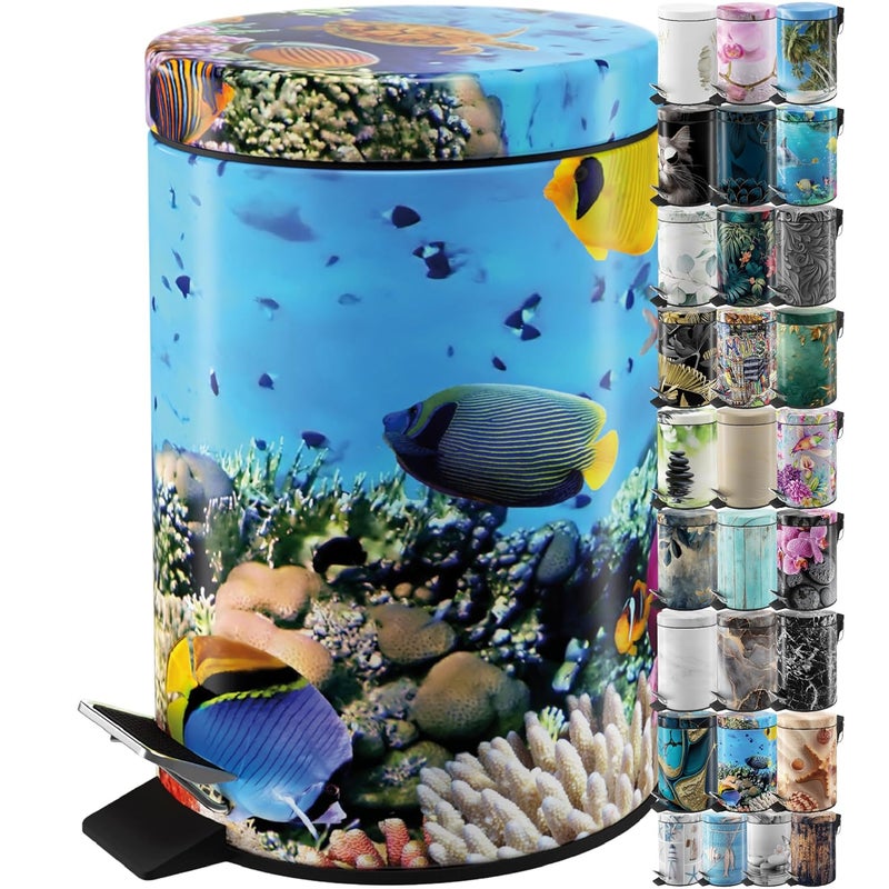 Sanilo Small Bathroom Trash Can with Lid [1.3 Gallon] - Lidded Tiny Trashcan for Garbage - Mini Metal Bin with Soft Closing Mechanism - Bath Room Accessoire Wastebin with Inner Bucket (Ocean) - Image 1